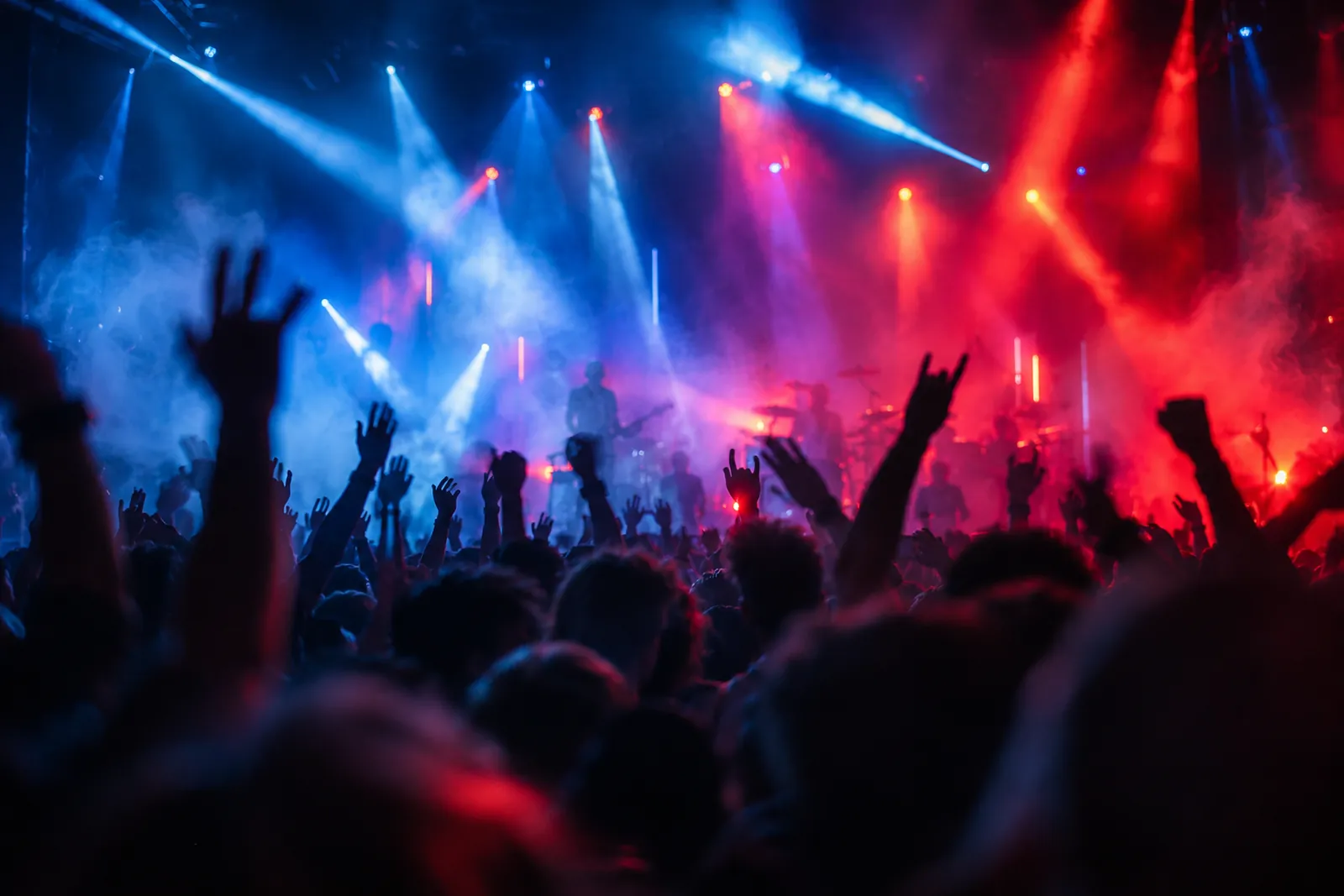 A crowd with raised hands in front of a stage lit by red and blue spotlights