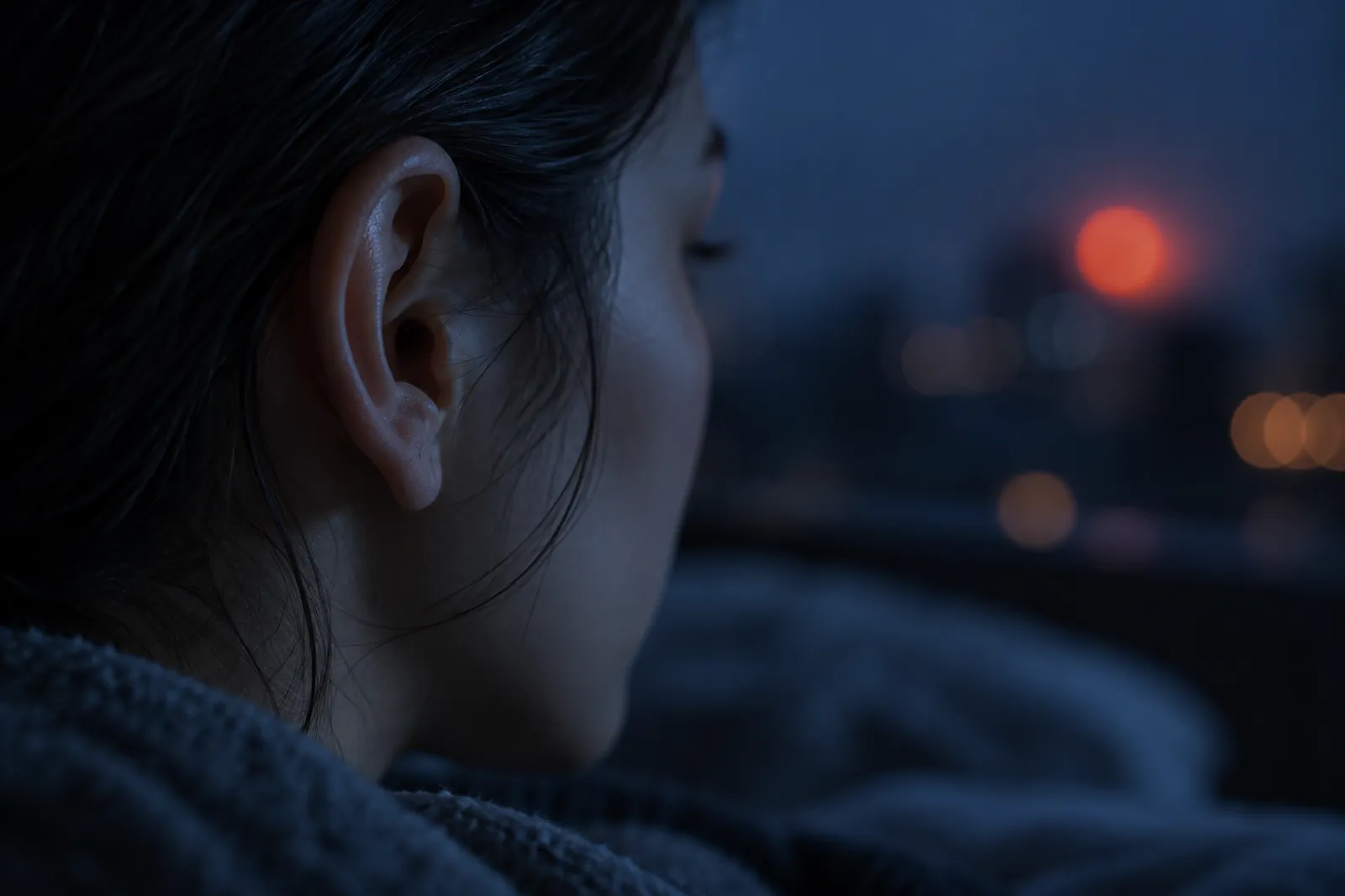 A human ear in low light, city lights blurred in the distance