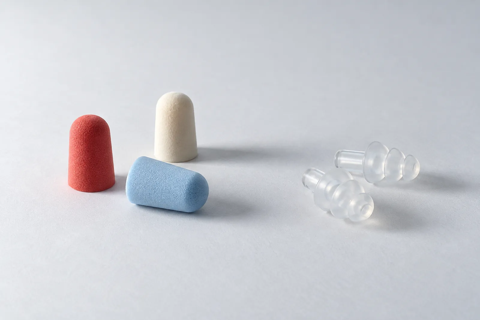 Three foam earplugs in red, blue and cream next to a pair of clear silicone earplugs