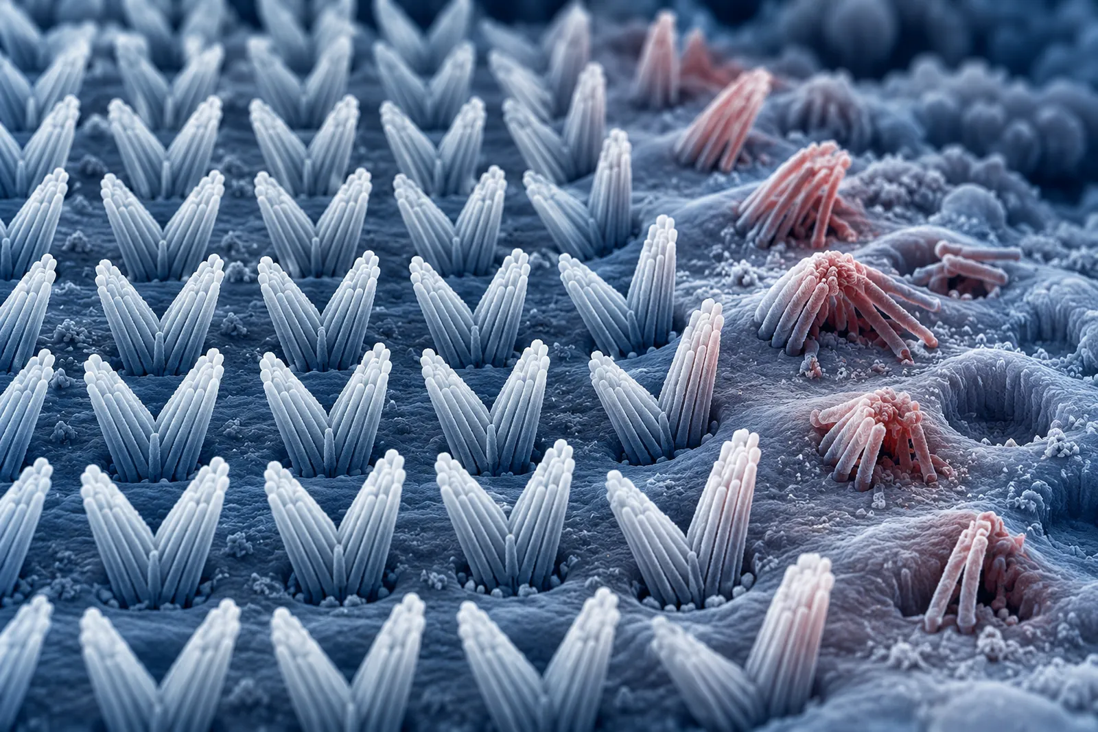 Illustration: neat rows of hair cell bundles; on the right the bundles are bent, splayed or missing