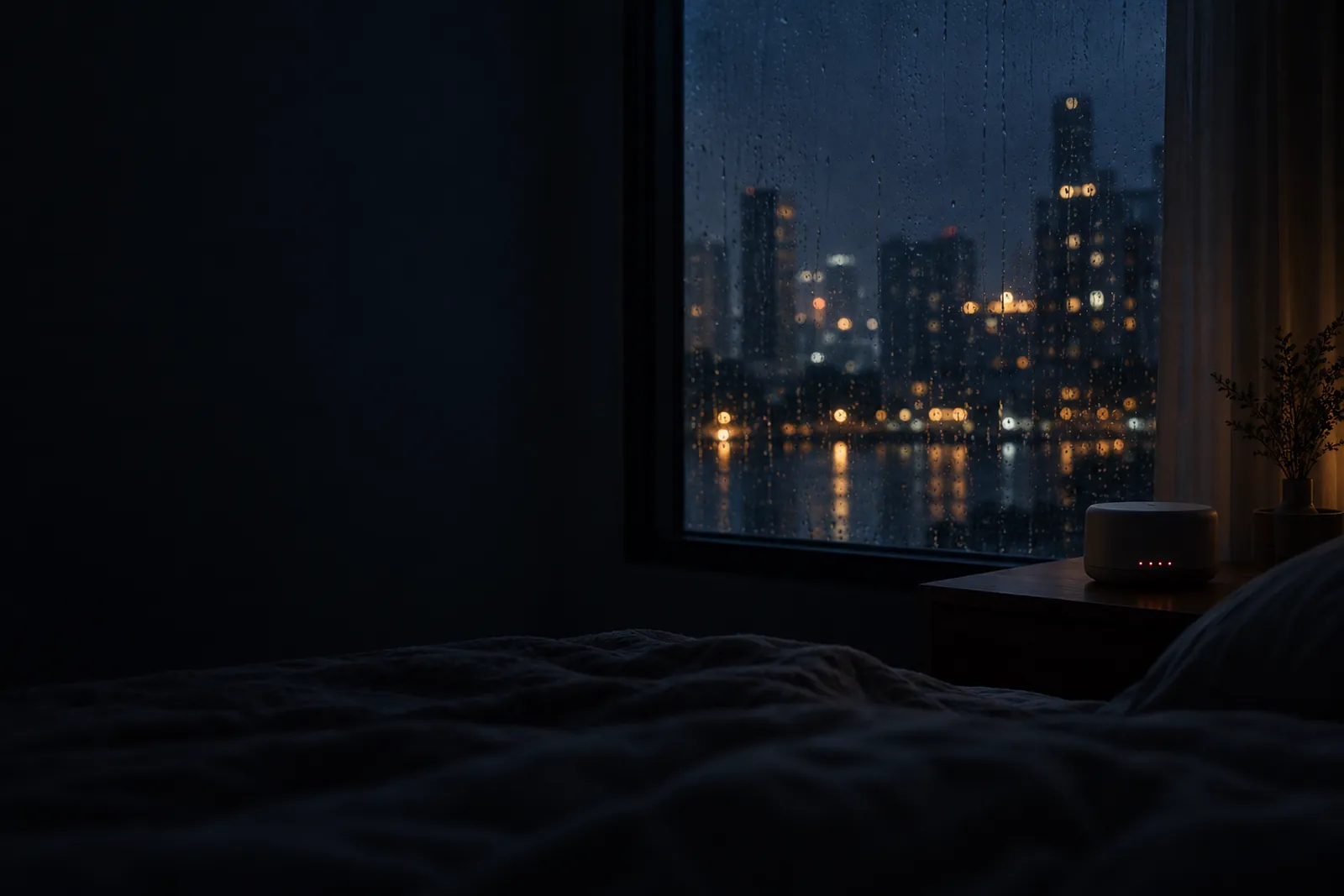 A dark bedroom at night, rain on the window, a small speaker with red lights on the nightstand